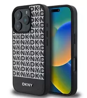 DKNY Apple iPhone 16 Pro PU odos dėklas su pasikartojančiu raštu ir apatine juostele, MagSafe, juodos spalvos