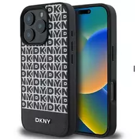 DKNY Apple iPhone 16 Pro Max PU odinis dėklas su raštu ir apatine juosta, MagSafe, juodos spalvos