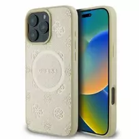 GUESS Apple iPhone 16 Pro Max Saffiano Peony Stamp MagSafe dėklas auksinės spalvos