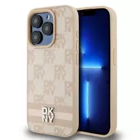 DKNY Leather Checkered Mono Pattern & Printed Stripes dėklas, skirtas iPhone 15 Pro - rožinis