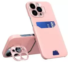 iLike Apple iPhone 14 Pro Max kortelių dėklas su stoveliu, odinė, rožinė