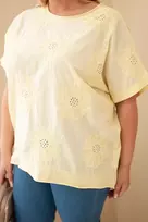 Moteriška medvilninė Plus Size palaidinė su siuvinėtomis gėlėmis, geltona