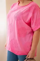 Plus Size moteriška medvilninė palaidinė su siuvinėtomis gėlėmis, rožinė