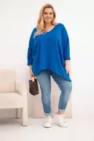 Moteriška Plus Size palaidinė su asimetriniu apačios kraštu ir V formos iškirpte, mėlynos spalvos