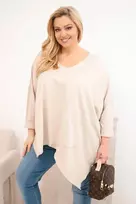 Moteriška Plus Size smėlio spalvos palaidinė su asimetriniu apačios kraštu ir V formos iškirpte