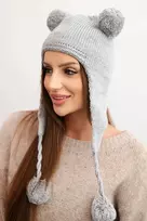 Moteriška žieminė kepurė su bumbulais ir ausų raišteliais, pilka