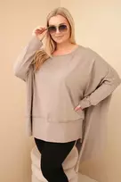 Moteriška Plus Size medvilninė tunika su asimetriniu apačios kraštu, kapučino spalvos