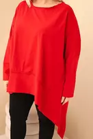 Moteriška Plus Size raudona tunika su asimetriniu apačios kraštu