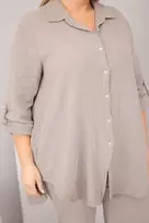 Moteriškas Plus Size muslino komplektas su marškiniais ir plačiomis kelnėmis, fango spalvos