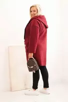 Moteriškas Plus Size paltas su gobtuvu ir kišenėmis, tamsiai raudonos spalvos