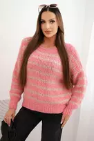 Moteriškas dryžuotas megztinis su vilna, laisvo kirpimo, rožinės spalvos
