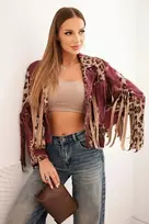 Moteriška zomšinė striukė su leopardo raštu ir kutais, bordo spalvos