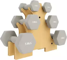 Hantelių rinkinys su mediniu stovu ir PVC danga, šviesiai pilkas, 31 × 9 × 28 cm, 6 vnt.