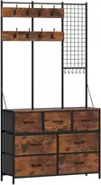 Drabužių kabykla su 14 kablių ir 7 stalčiais, rustikinė ruda ir juoda, 100 × 30 × 183 cm