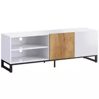 TV staliukas su reguliuojamomis lentynomis ir kabelių angomis, baltas ir ąžuolo spalvos, 140 × 36,5 × 50 cm