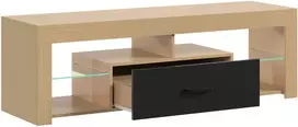 TV staliukas su reguliuojamomis stiklo lentynomis ir stalčiumi, ąžuolo spalvos ir juodas, 140 × 40 × 45 cm