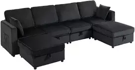 Modulinė sofa su daiktadėžėmis ir 2 pufais, tamsiai pilka ir juoda, 306 x 153 x 85 cm