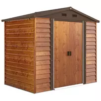 Outsunny metalinis sodo namelis medžio imitacijos dizainu 3 m² 152 x 235,7 x 208,7 cm įrankių laikymo pastogė su dvišlaičiu stogu, langu, dvigubomis stumdomomis durimis, atsparus oro sąlygoms lauko sodo namelis kiemui, rudos spalvos
