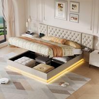 Minkšta lova 160x200 cm su patalynės dėže, LED, USB, hidraulika, lentynomis, lininė, smėlio spalvos