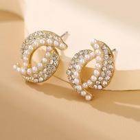 Irregular Big Double Moon Imitation Pearl Crystal Cross Stud Earring for Women Korean Sweet Ear Wedding Party Jewelry white