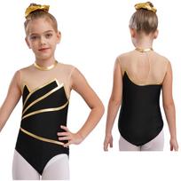 Merginų gimnastikos triko: Metalinio dryžuoto permatomo tinklinio audinio patchwork bodis be rankovių su skylute nugaroje šokio pasirodymui 3-4 Years auksas