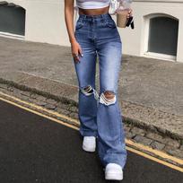 Women's Casual Washed Frayed Hole Denim Pants Regular Boot Cut Pants Jeans L white