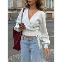 Women's Elegant Short Wrap Cross V-neck Irregular Tie Knit Top Fall Winter S