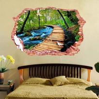 Wall Hole Art Forest Park View Mural Clear Water Wooden Bridge Bird Vinyl Stickers Removable For Home Decoration Aesthetic Rooms