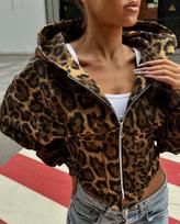 Cross-border autumn and winter zipper hooded long-sleeved leopard print 3D printing design sense short sweater hoodie loose XS brown