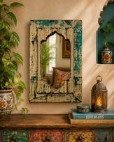Senovinis medinis sieninis veidrodis – Sendintas indiško stiliaus veidrodžio rėmas, Rustic Boho namų dekoras 10.5" x 6.5" x 1" ( h x l x w ) approx. įvairiaspalvis