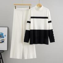 European Trendy Striped Sweater & Wide-Leg Pants Set for Women - Autumn/Winter Fashion Two-Piece One Size