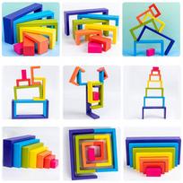 Rainbow arch six semicircle building blocks 6 minifigures wooden colorful Jenga children's educational building toy yellow
