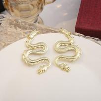 Chinese Style Natal Year Zodiac Dragon Earrings, Guochao Personalized Carved Three-Dimensional Dragon Metal Wind Earrings beige