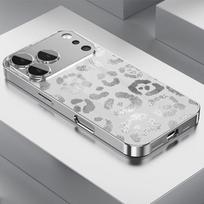 Pilkos leopardų rašto stiklinė telefono dėklas, skirtas iPhone 11 12 13 14 15 16 17 Pro Max 14 Plus 17 Air, galvanizuotas sidabrinis dangtelis iPhone 16 Plus gray
