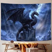 Black Dragon Epic Tapestry Flames Burning City Snow Mountain Guardian Double Scene Game Room Bedroom Living Room Decor 100X70CM