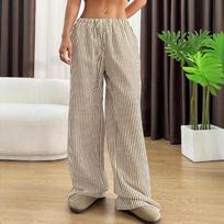 2025 Autumn New Cross border Women's Fashion Loose Striped Drawstring Elastic Waist and Floor Pants from Europe and America S black