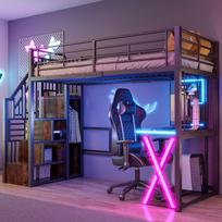 Loft Bed, 90*200cm, With LED Lights, Storage Ladder, Desk, Wardrobe, Shelves, without Mattress, Black 255.5 x 95.5 x 169 cm juoda
