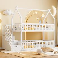 90X200 children's bunk bed solid wood bed with roof, safety staircase and storage drawers, storage children's bed single bed white 253 x 95 x 205 cm balta