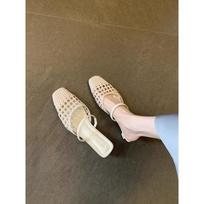 Sheepskin bag head half drag square head hollow woven slippers women's wear cool slippers 35 beige