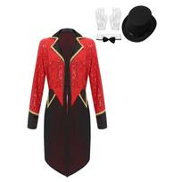 Moterų cirko iliuzionisto kostiumas Blizgantis frakas Ilgomis rankovėmis Atverstas priekis Su atlapais Kepurė Pirštinės Peteliškė Rinkinys S red