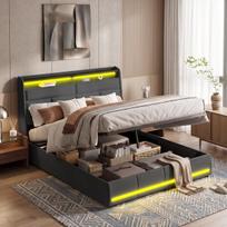 Minkšta lova 160x200 cm su LED, patalynės dėže, hidrauliniu keltuvu, galvūgalio lentynomis, MDF, aksomas, juoda