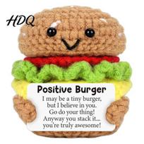 Stress Relieving Desk Toy Handmade Crochet Positive Burger Doll with Encouragement Card Mini Inspirational Ornament Fun Relief Gift for Her brown