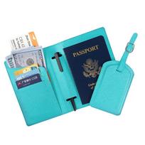 Multi-Function PU Leather Passport Cover & Luggage Tag Set with Pen Holder and Edge Stitching dangaus mėlyna spalva
