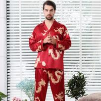 Men's Stain Silk Pajama Set Men Dragon Printed Soft Cozy Satin Nightgown Women Couples Sleepwear for Male M gray