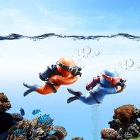 2pcs Cute Floating Diver Ornament Adjustable Position Fish Playmate For Aquarium Fish Tank Swimming Photo blue + Photo orange