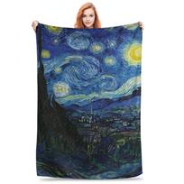 Vincent Van Gogh Starry Night Star Famous oil Painting Blanket Flannel Sofa Throw Blanket for Couch Bedding Throws Bedspread Size: 75*100cm, Weight: 230 GSM gray