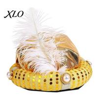 White Feather Pearl Fedora Indian Sultan Hat, Shiny Sequins Plume Cap, Novelty Arabian Sparkling Headwear for Themed Events Prince Costume Hat auksinė