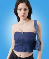 KOLEAT Blue Denim Slim Fit Tube Tank Top [Deep Denim] Deep Denim/Free beige