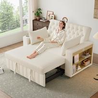 Multifunctional Sleeper Sofa, Storage and Sleep Function, Cup Holder, USB Charging Port, Space-Saving, Living Room, Bedroom, Guest Room, Beige 140 x 137 x 84 cm smėlis