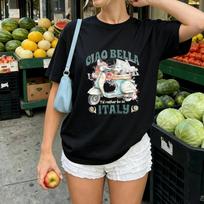 Funny Ciao Bella Italy Vintage Floral Decorated Scooter Distressed Print Women Cotton Tee Retro L gray